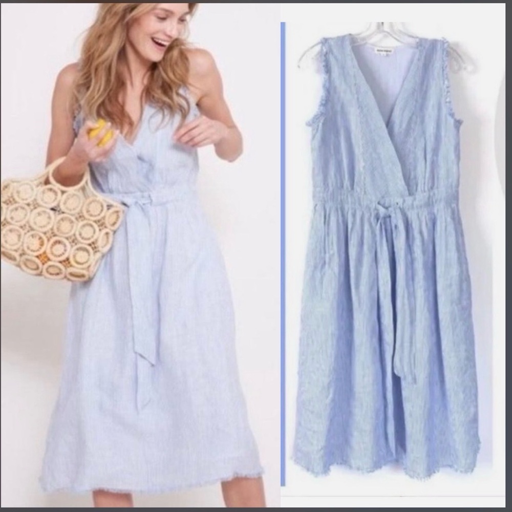 Roller Rabbit 100% Linen Blue Stripe Sleeveless Maddie Dress Fray Edge Small